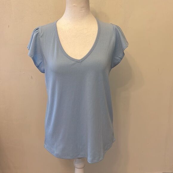 Staccato Marina light blue V neck flutter sleeve tee Size S New - Picture 2 of 9